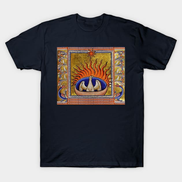 MEDIEVAL BESTIARY,PHOENIX IN RED FLAMES,TREE OF LIFE ,BIRDS,DRAGONS FANTASTIC ANIMALS IN GOLD RED BLUE COLORS T-Shirt by BulganLumini